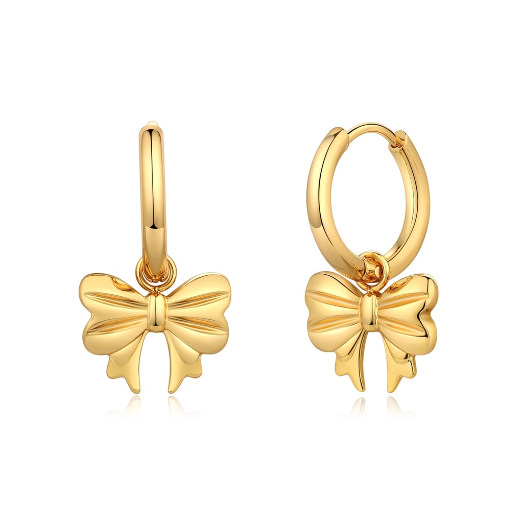 Gold Hoop Earrings with Delicate Bow Charm Dangles
