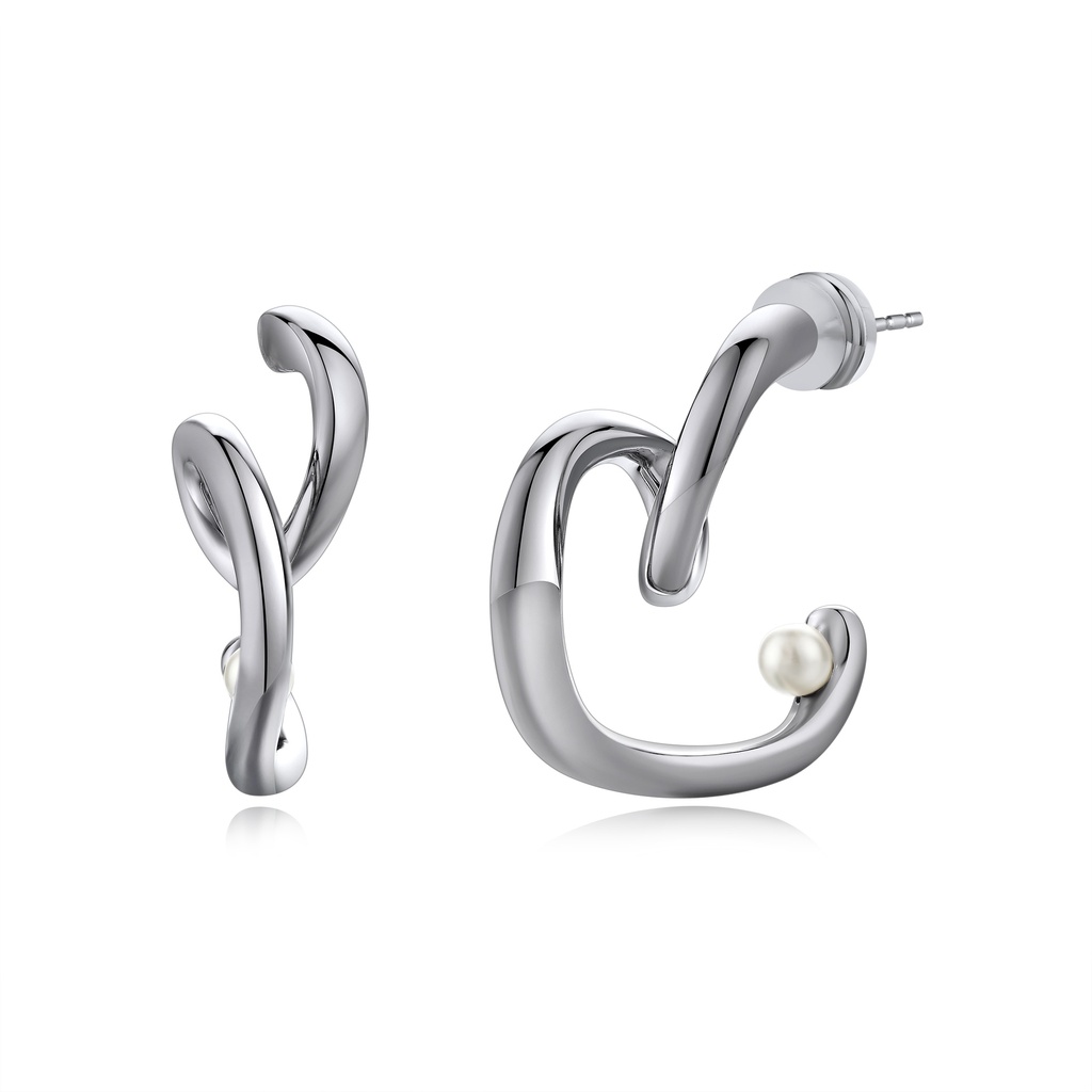 [BJ01E0168] Abstract Twisted Silver-Plated Brass Earrings with Pearl Tip