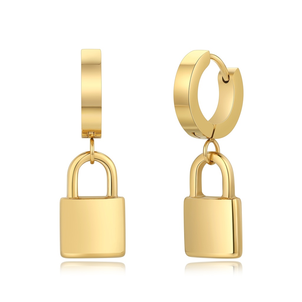 Gold Hoop Earrings with Minimalist Padlock Dangle Charm Design