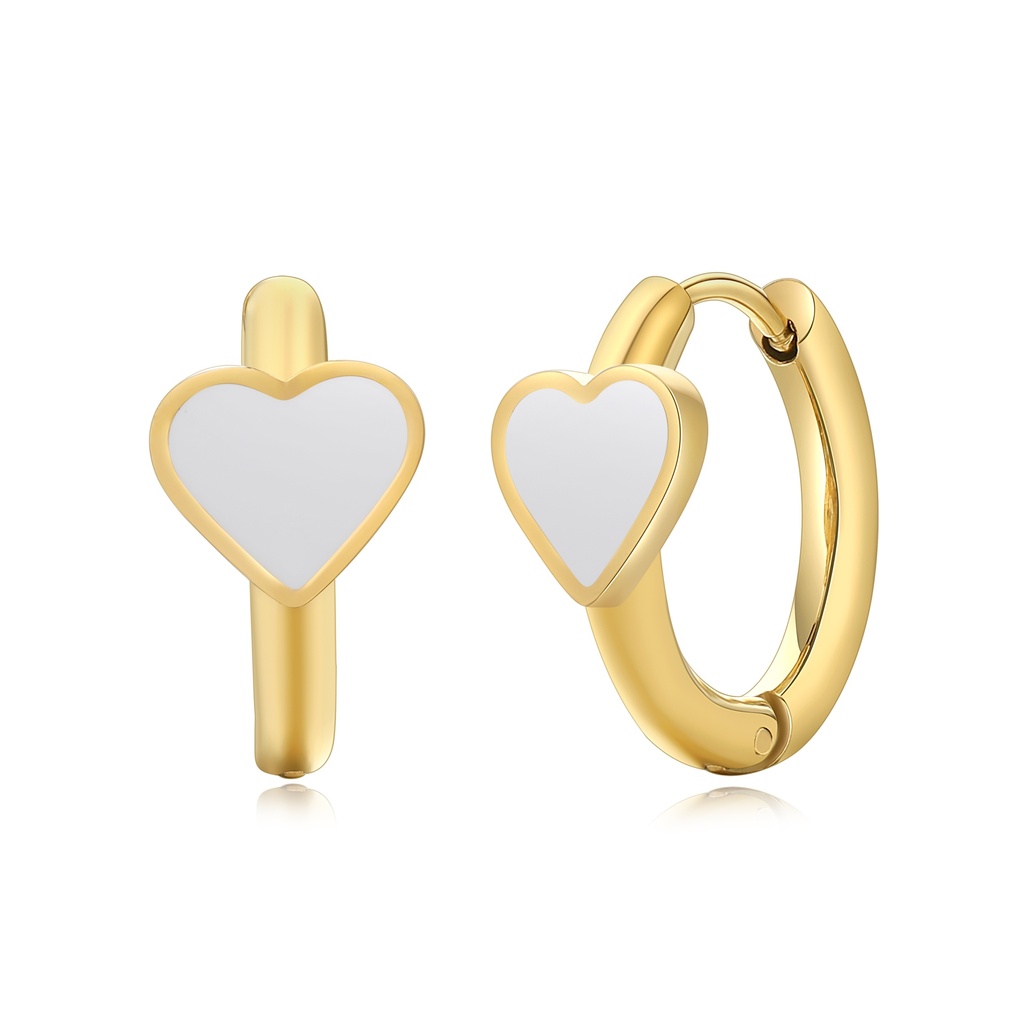 Gold Hoop Earrings with White Enamel Heart Design