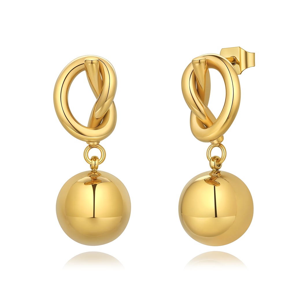 Gold Knot Drop Earrings with Polished Sphere Charm Design
