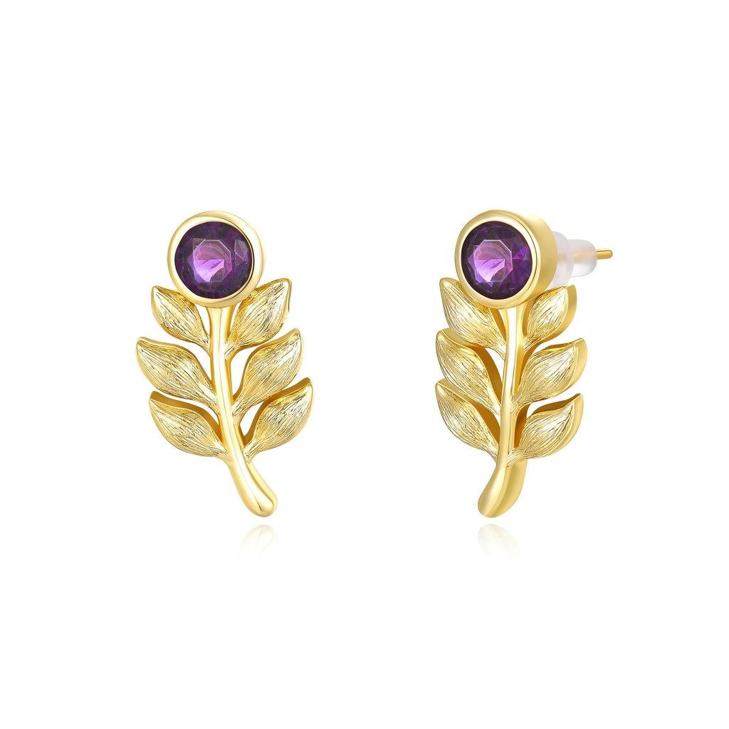 Gold Leaf Stud Earrings with Purple Round Crystal Accent