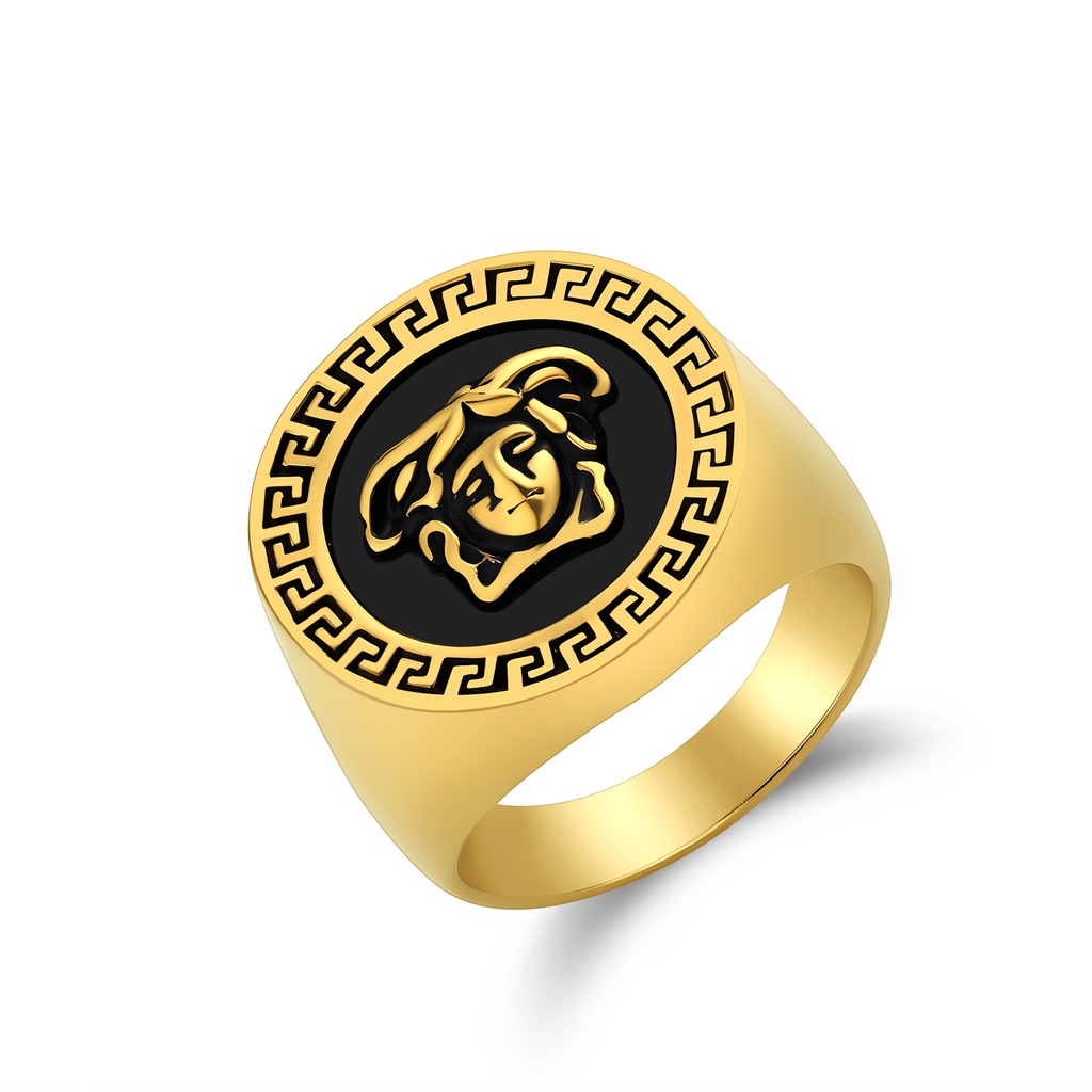 Gold Medusa Ring – Greek Key Border, Mythical Style Statement