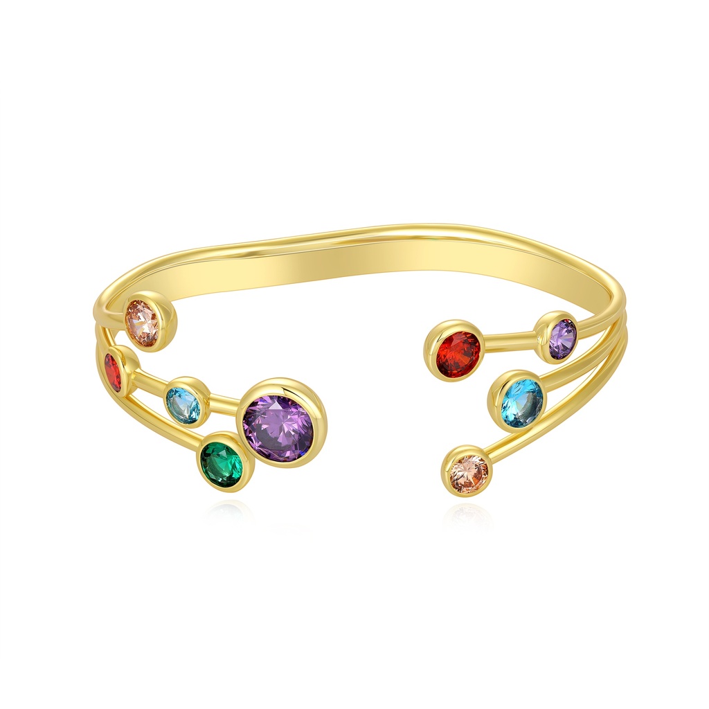 Gold Open Bangle with Multicolored Crystals and Artistic Lines