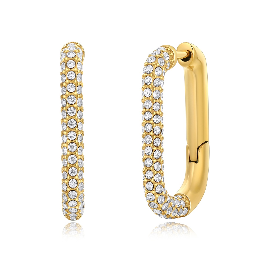 Gold Oval Hoop Earrings Stainless Steel with Paved CZ Crystals