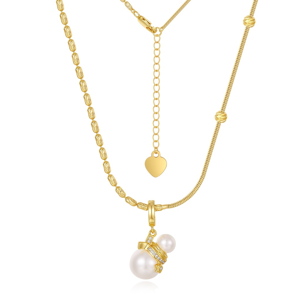 Gold Pearl Drop Pendant Necklace with Dual Brass Chains