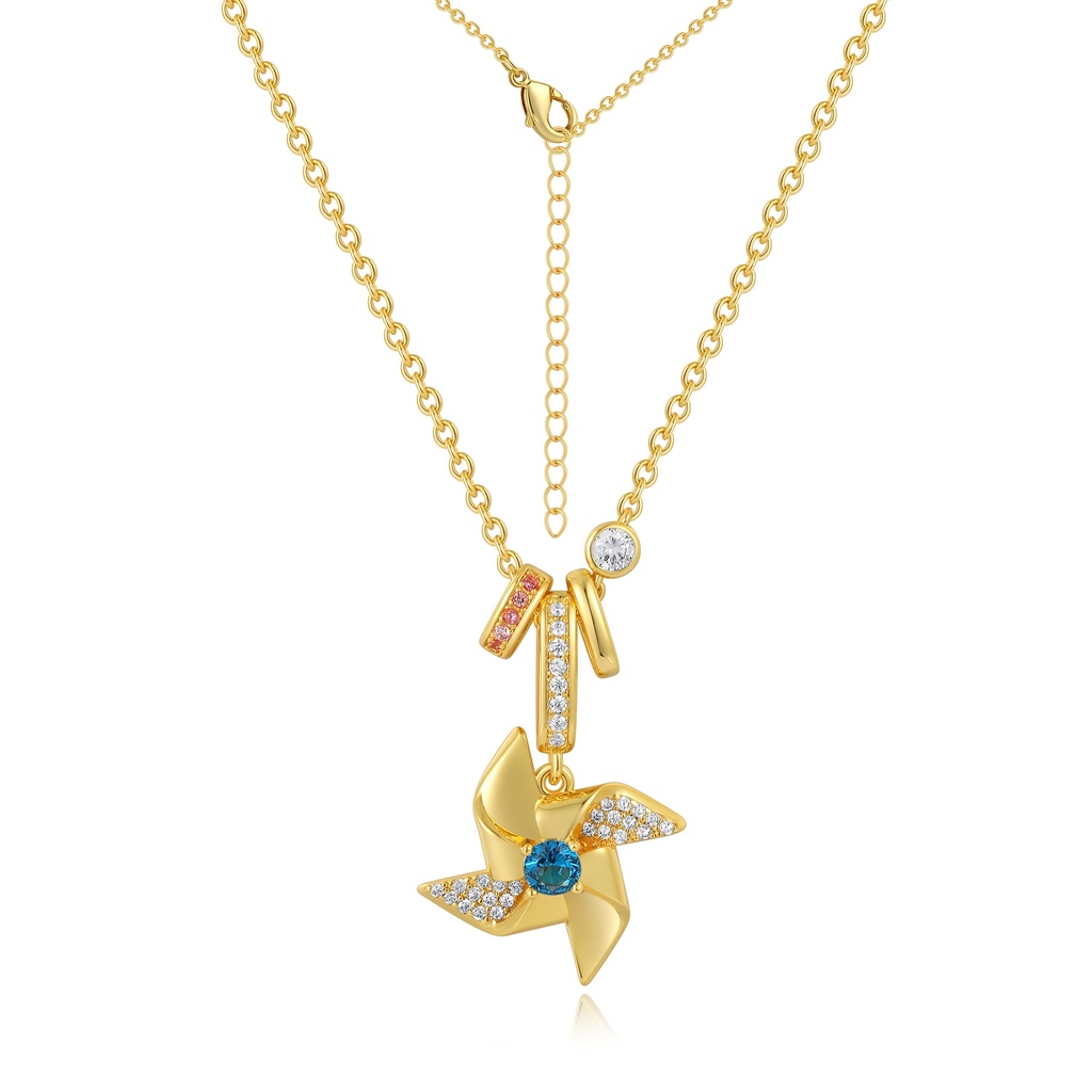 Gold Pinwheel Pendant Necklace with Multicolored Gem Charms