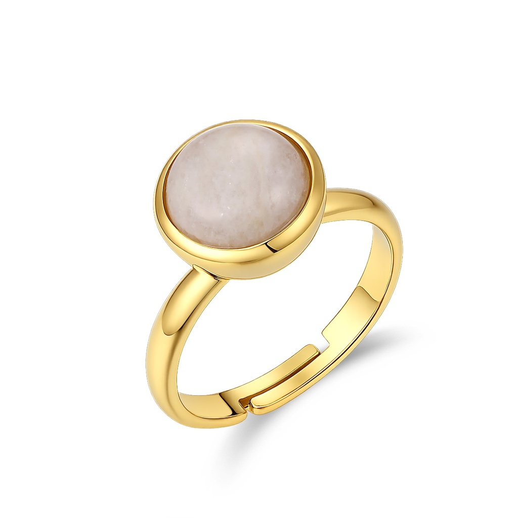 Gold Plated Adjustable Ring with Round Beige Natural Stone Centerpiece