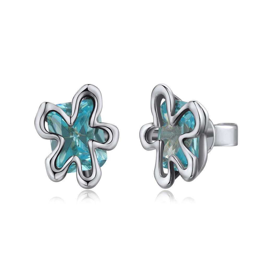 [BJ01E0188] Blue Crystal Flower Stud Earrings in Wavy Silver Frame