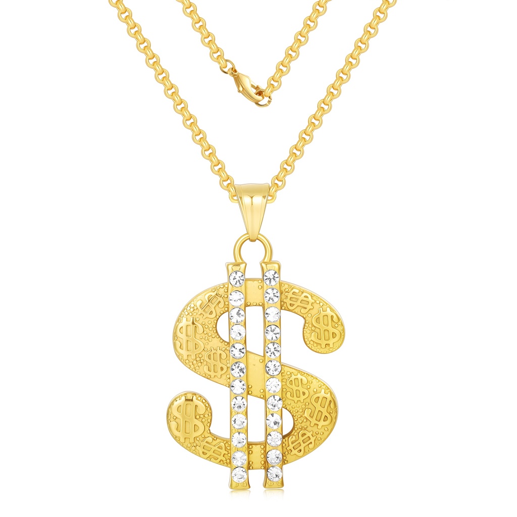 Gold Plated Dollar Sign Pendant Necklace with Crystal Accent Bling