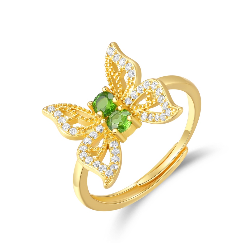 Gold Plated Stainless Steel Butterfly Ring with Green and Clear Zircon