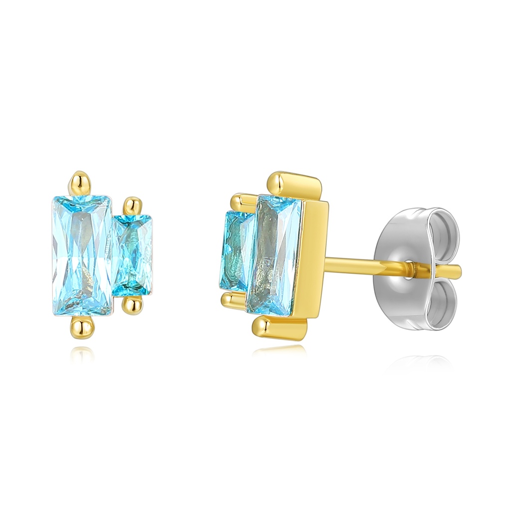 Blue Crystal Gold Stud Earrings in Geometric Modern Design