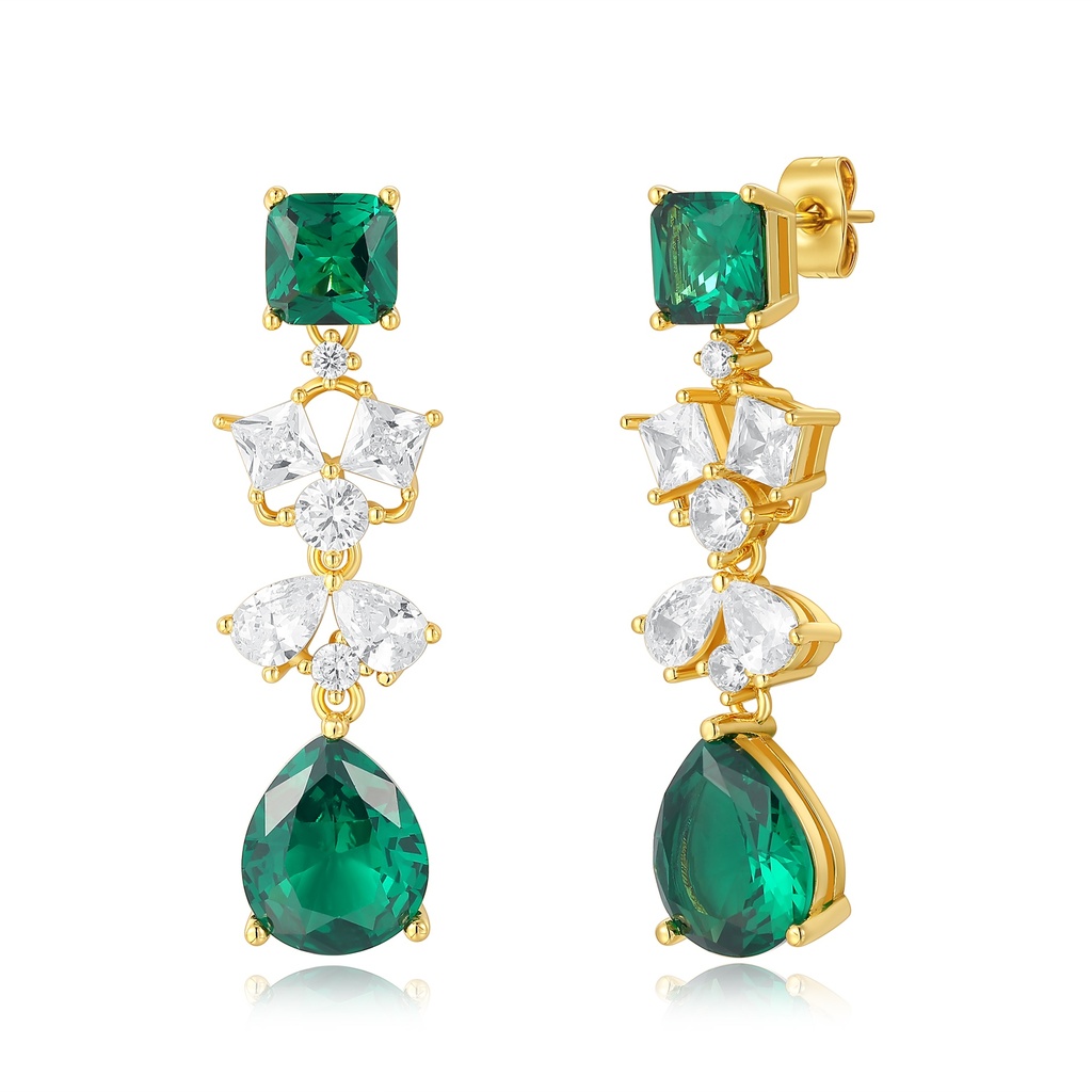 Gold Plated Stainless Steel Green CZ and Clear Drop Earrings