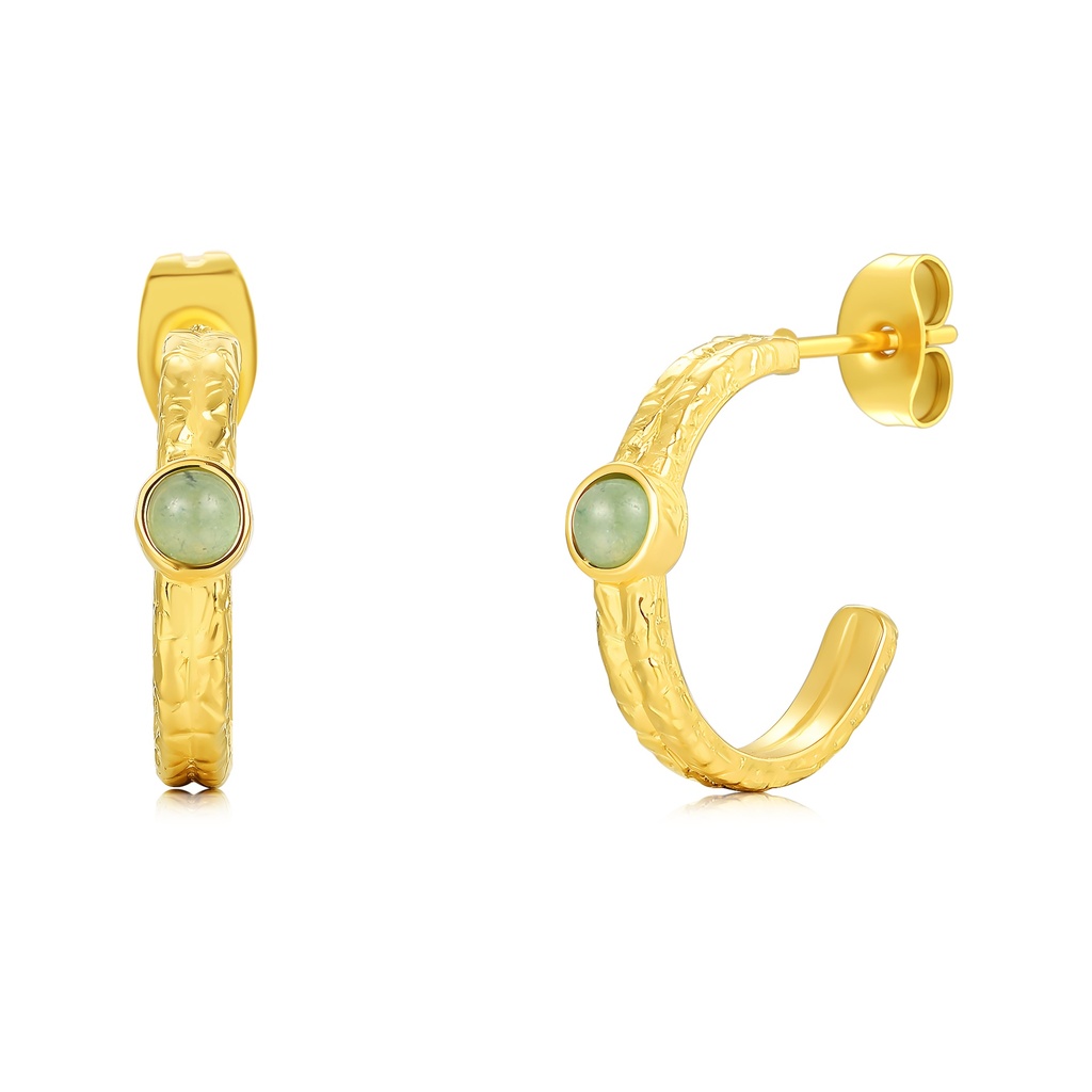 Gold Plated Stainless Steel Hoop Earrings with Green Gemstone Accent