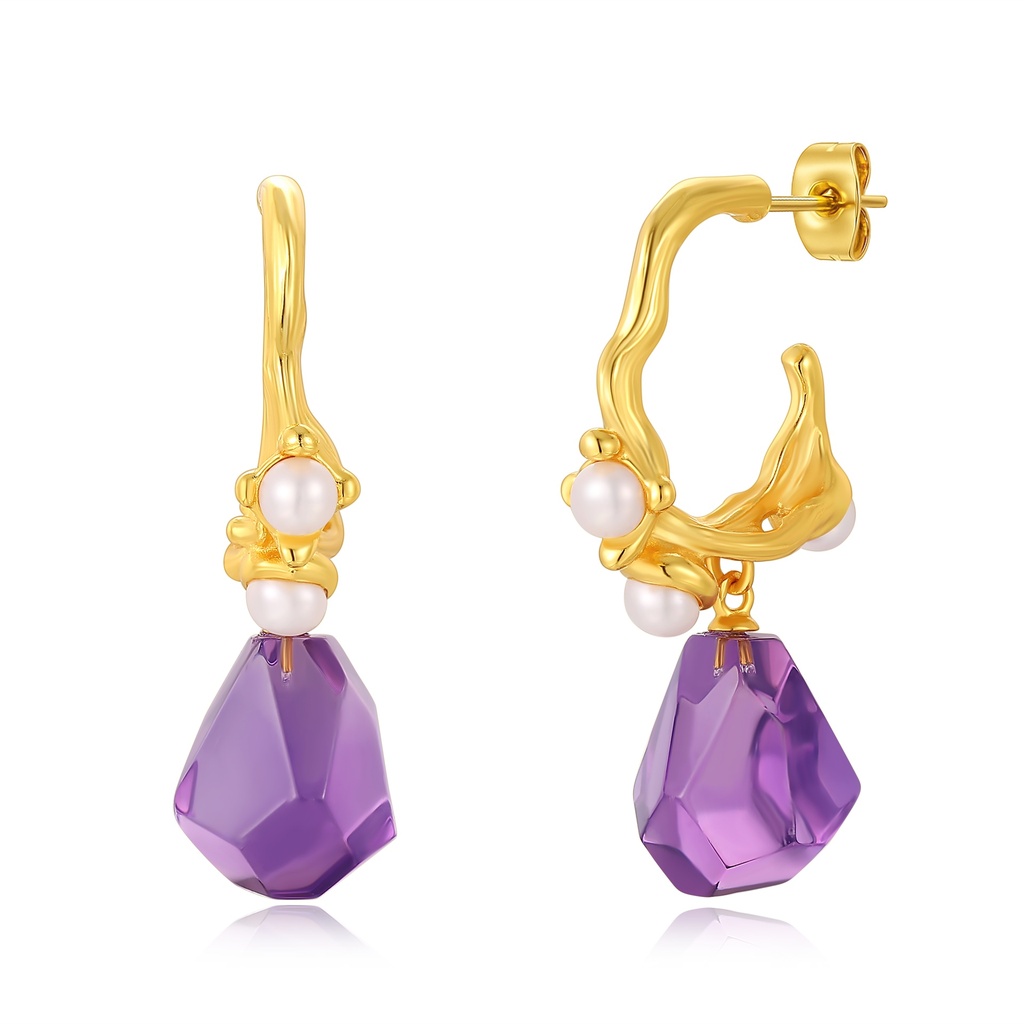 Gold Plated Stainless Steel Hoop Earrings with Pearls and Purple Gem