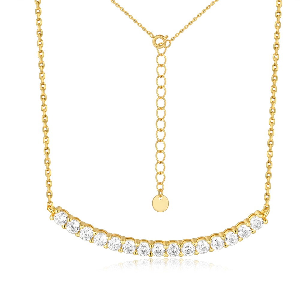 Gold Plated Stainless Steel Necklace with Sparkling Zirconia Curved Bar