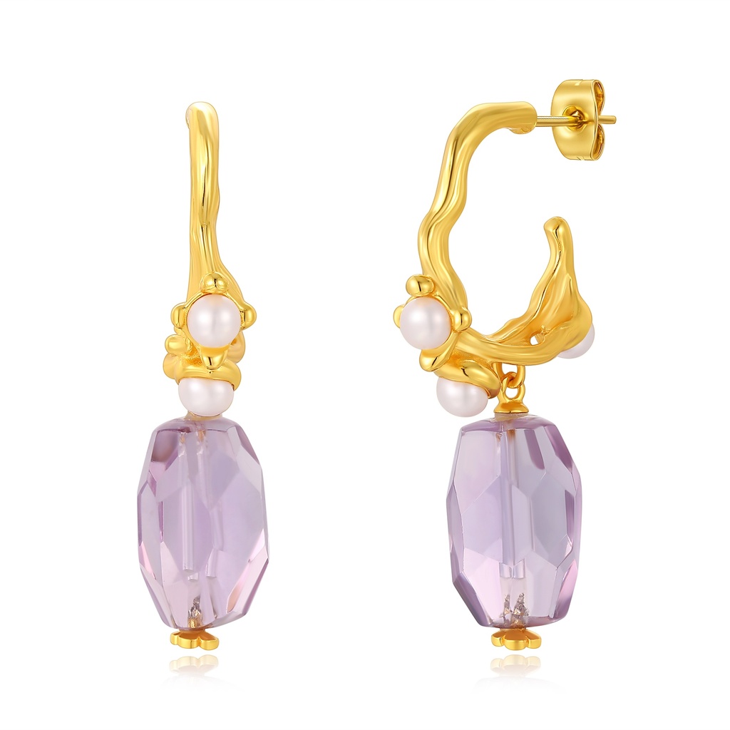Gold Plated Stainless Steel Pearl Hoop Earrings with Purple Crystal Drops