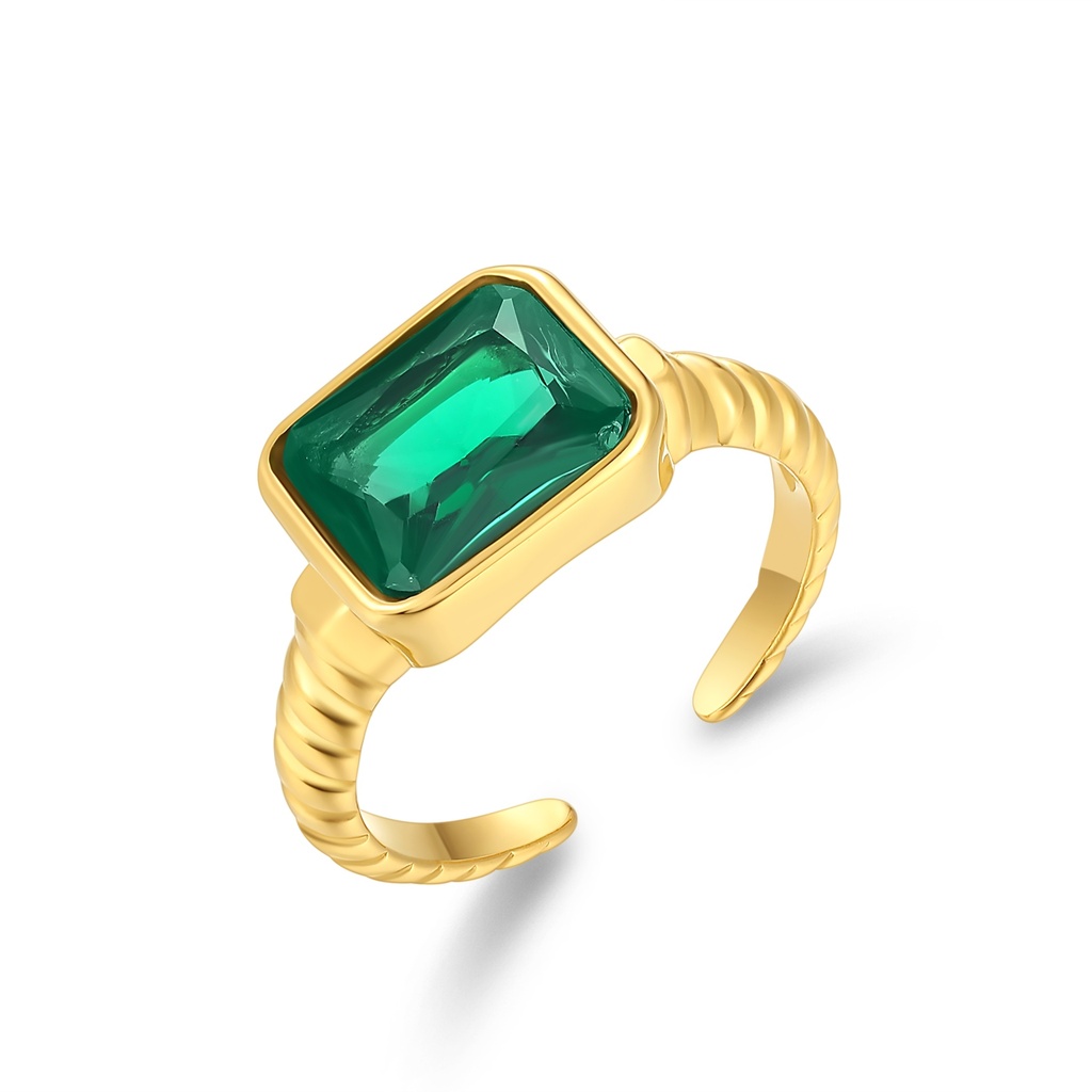 Gold Plated Stainless Steel Ring with Green Emerald-Cut Crystal Accent