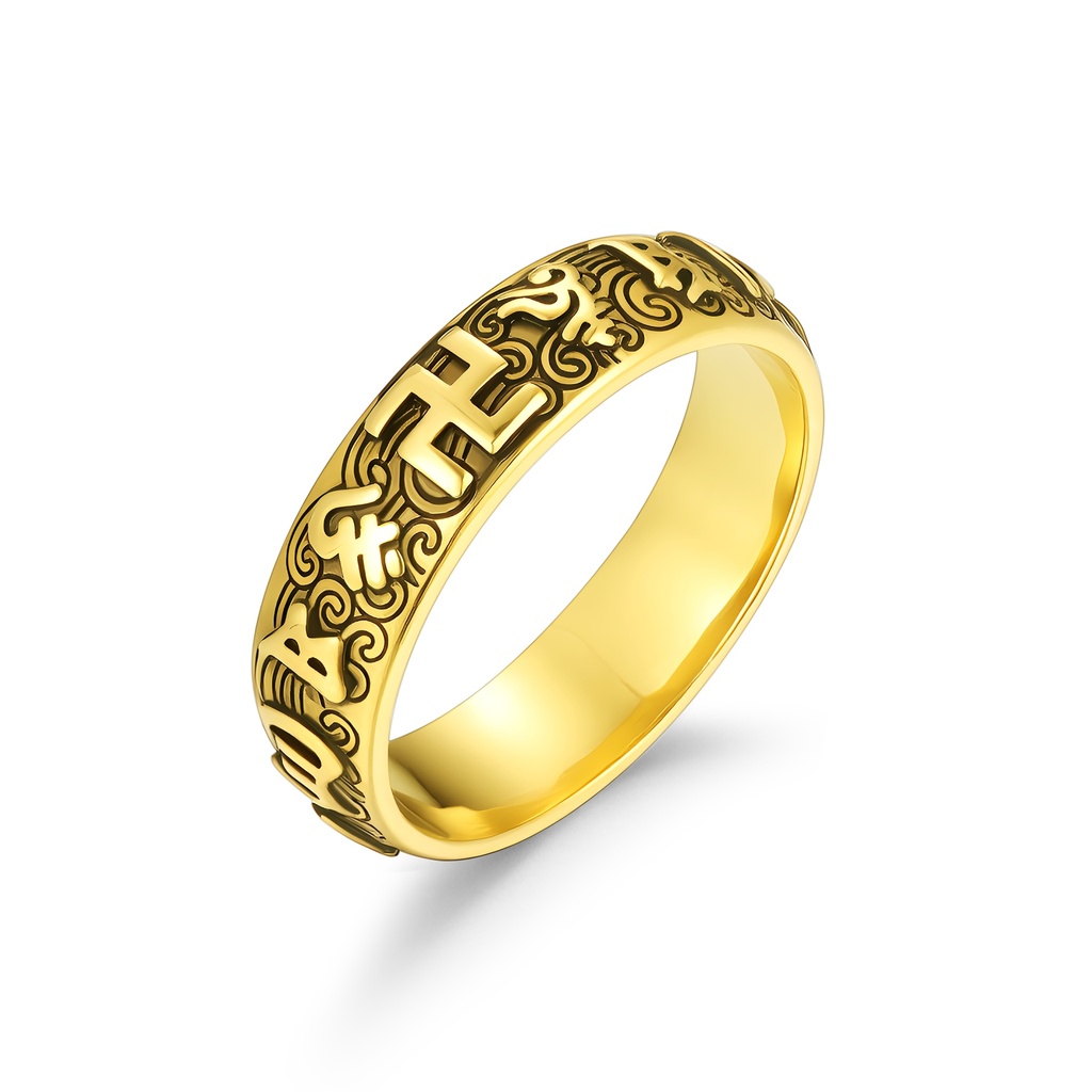 Gold Plated Stainless Steel Ring with Intricate Buddhist Symbol Engravings