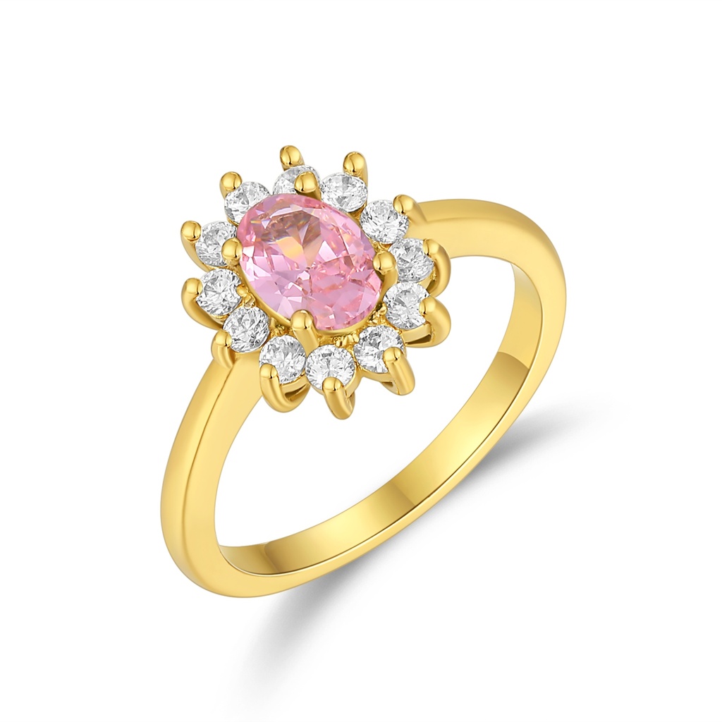 Gold Ring with Pink Center Stone and CZ Halo Accent