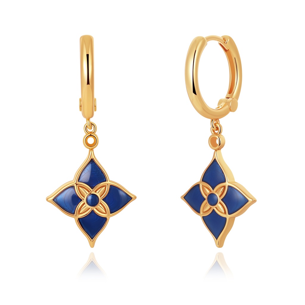[PD02E0138-1] Blue Enamel Floral Drop Earrings with Gold Plated Finish