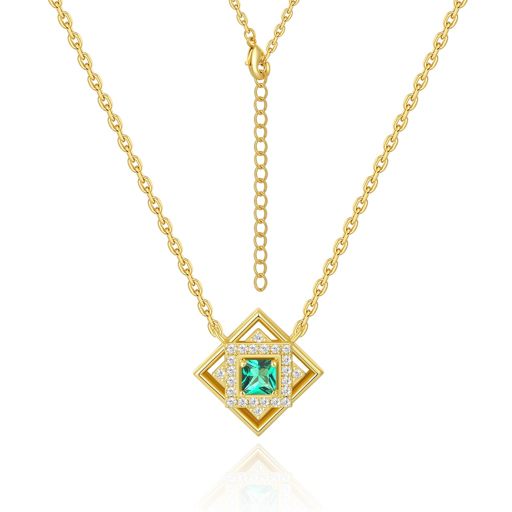Gold Square Frame Necklace with Green and White Crystals