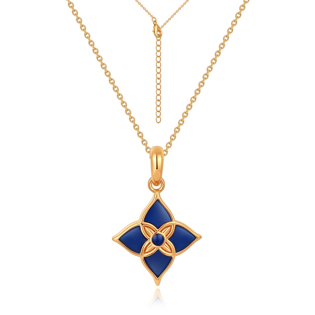 [PD02N0245-1] Blue Enamel Floral Pendant Necklace in Rose Gold Tone