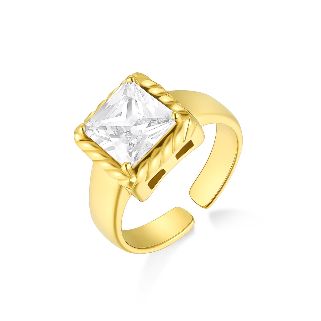 Gold Stainless Steel Adjustable Ring with Square-Cut Clear Crystal