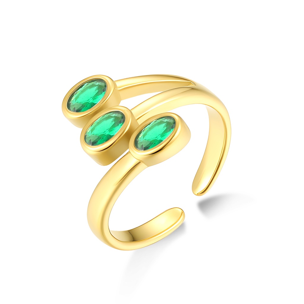 Gold Stainless Steel Adjustable Ring with Triple Green Crystals