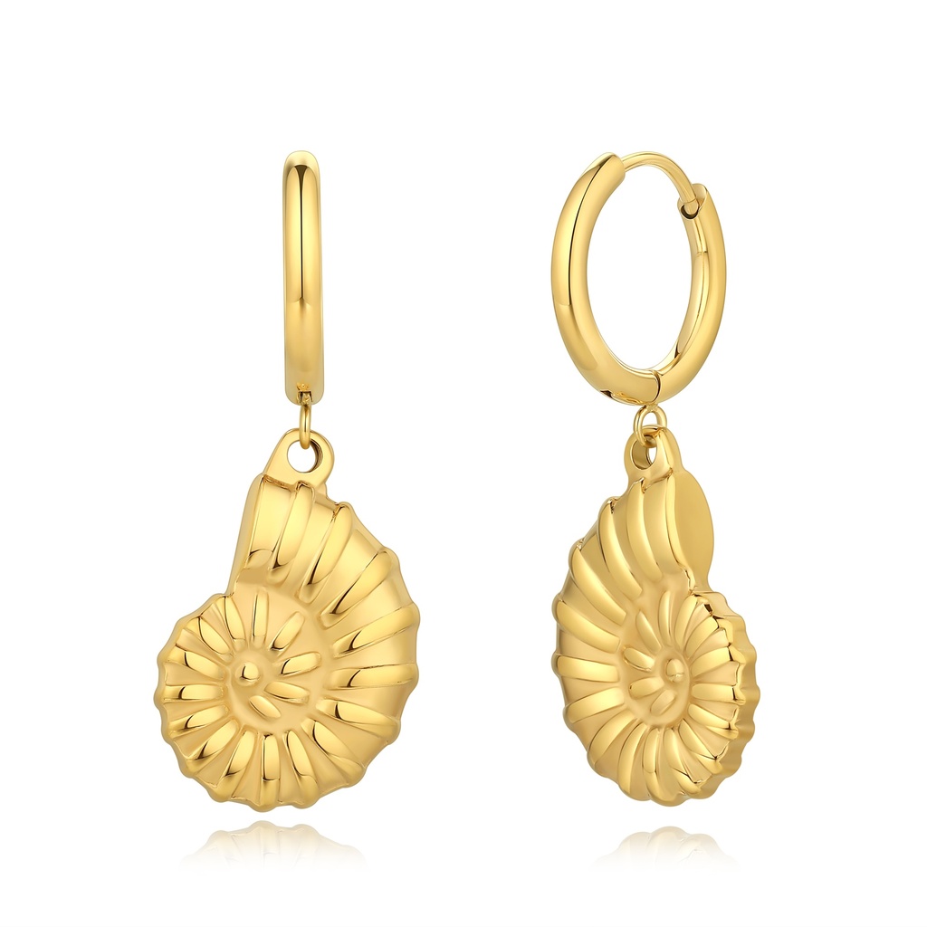Gold Stainless Steel Ammonite Hoop Earrings Nautical Spiral Design