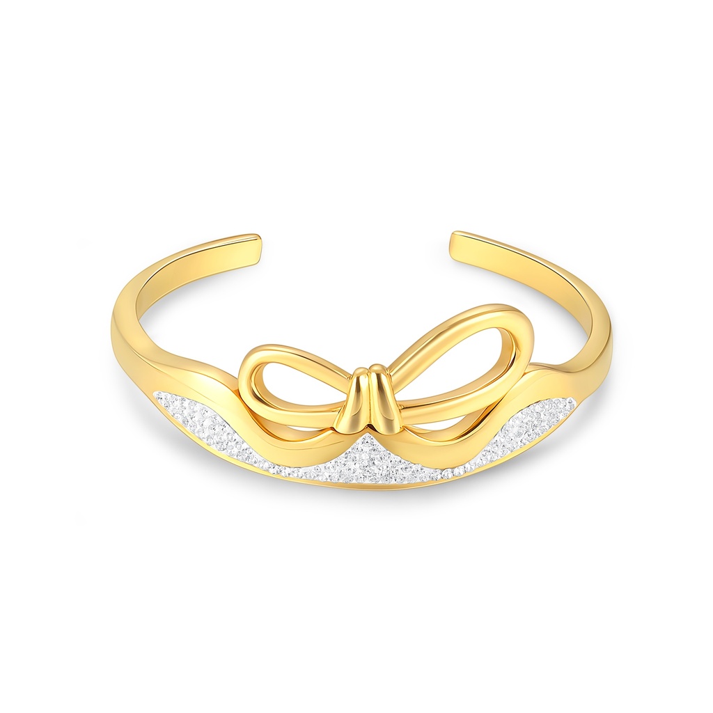 Gold Stainless Steel Bangle Bracelet with Crystal Bow Accent