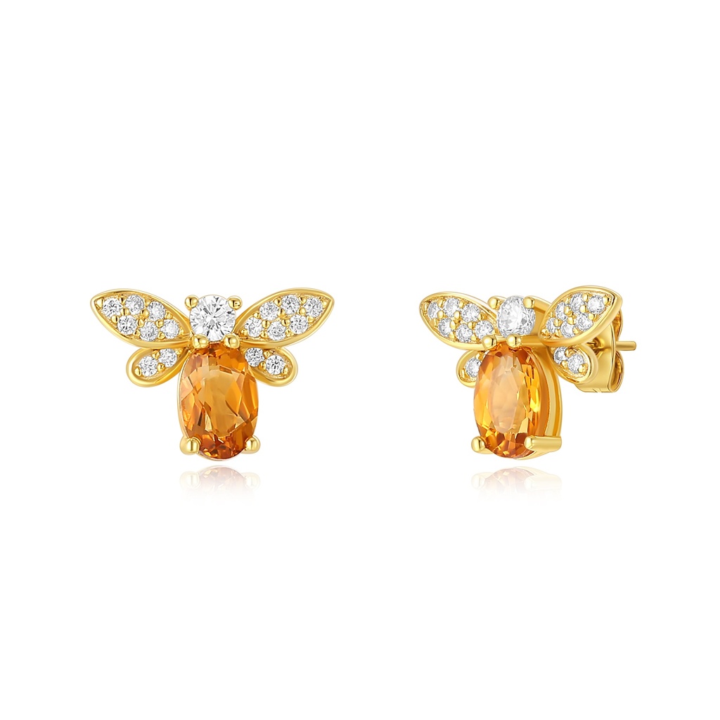 Gold Stainless Steel Bee Earrings with Orange and White Crystals
