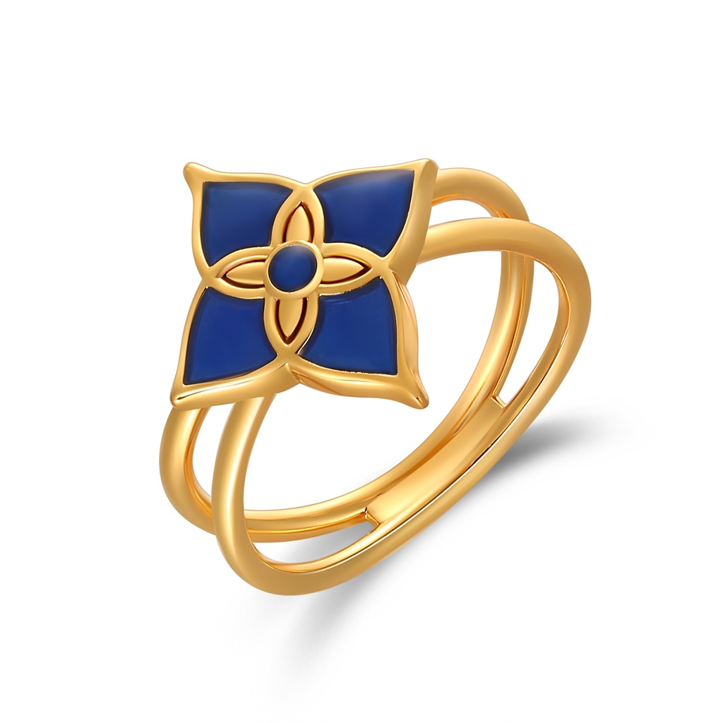 [PD02R0137-1] Blue Enamel Flower Ring with Bold Golden Brass Band