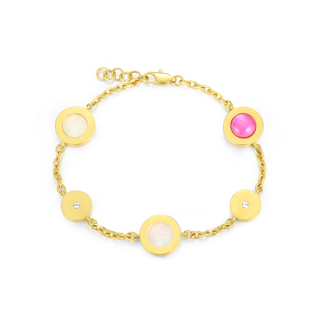 Gold Stainless Steel Bracelet with Pink and White Gemstones