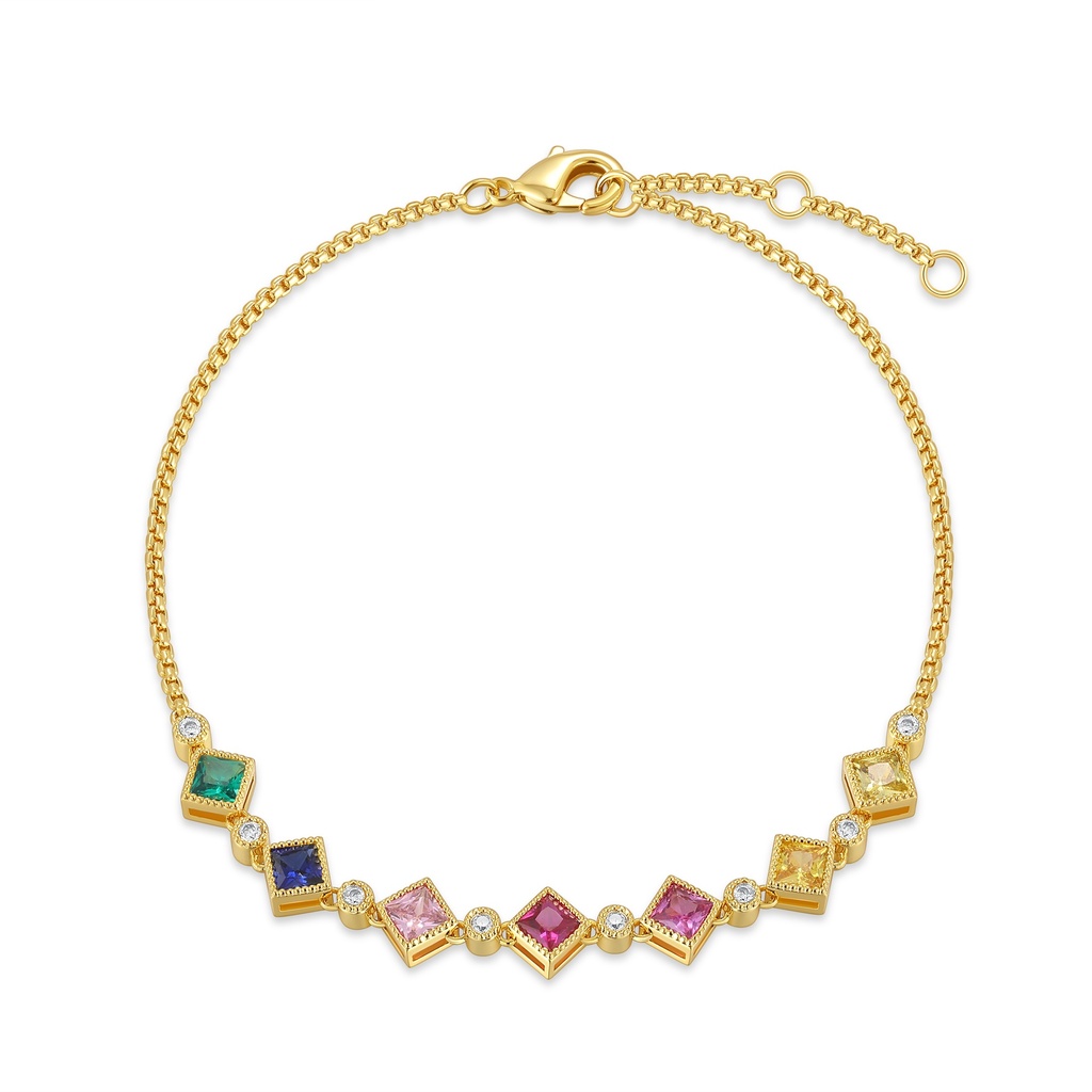 Gold Stainless Steel Bracelet with Square Rainbow Zirconia Stones