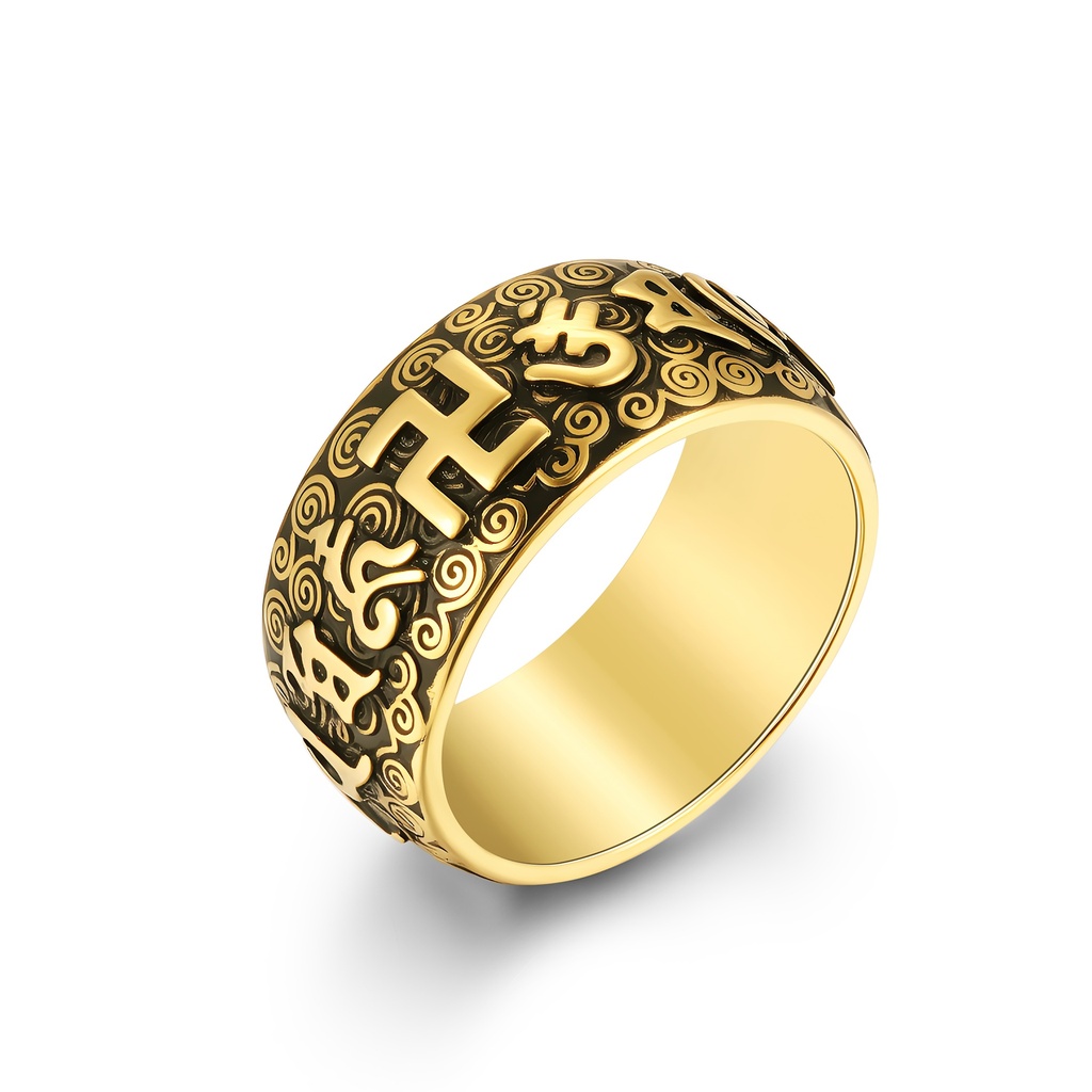 Gold Stainless Steel Buddhist Ring with Sacred Mantra Symbols