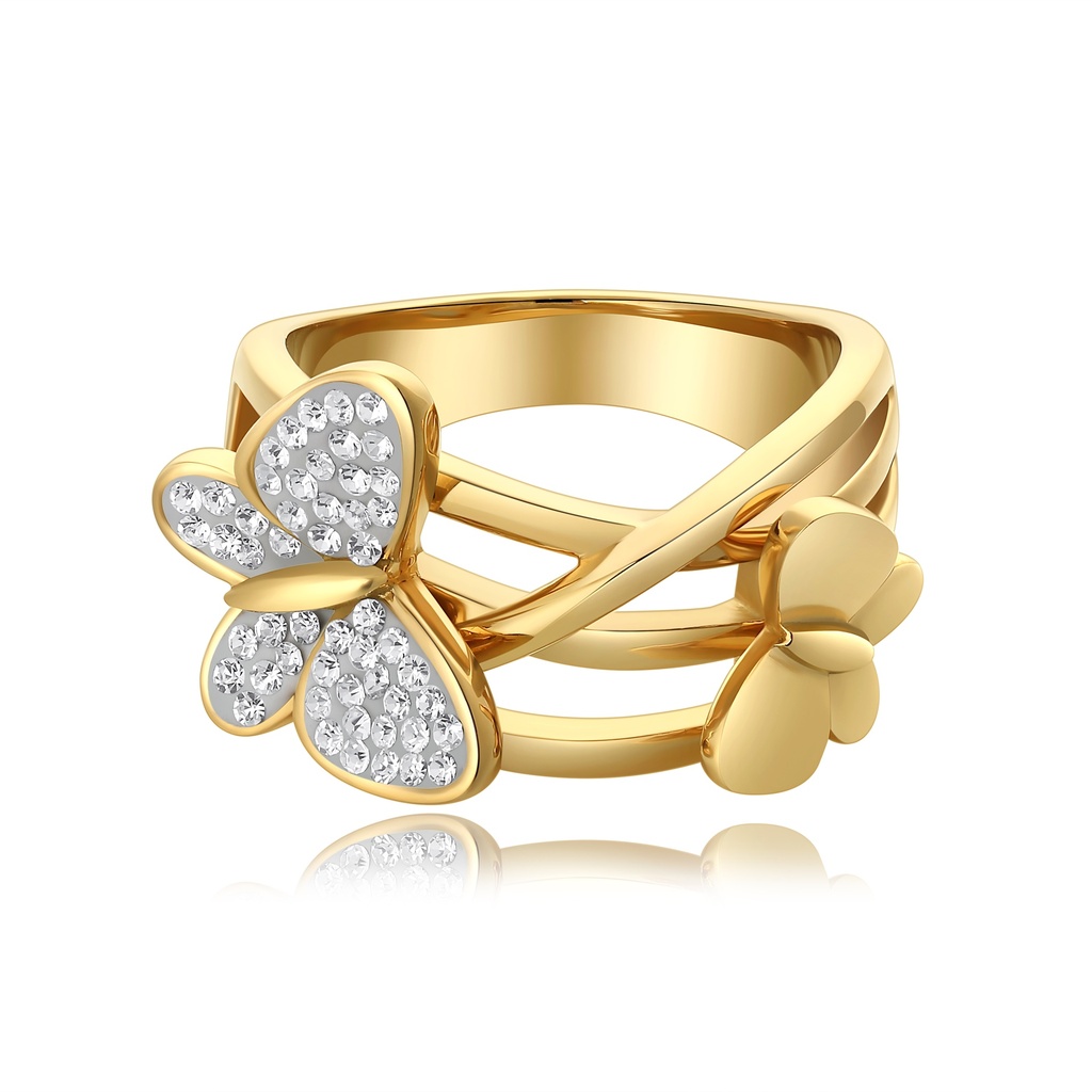 Gold Stainless Steel Butterfly Ring with Crystal Accents