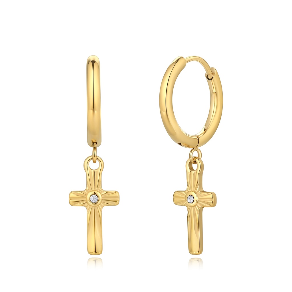 Gold Stainless Steel Cross Hoop Earrings with CZ Accent