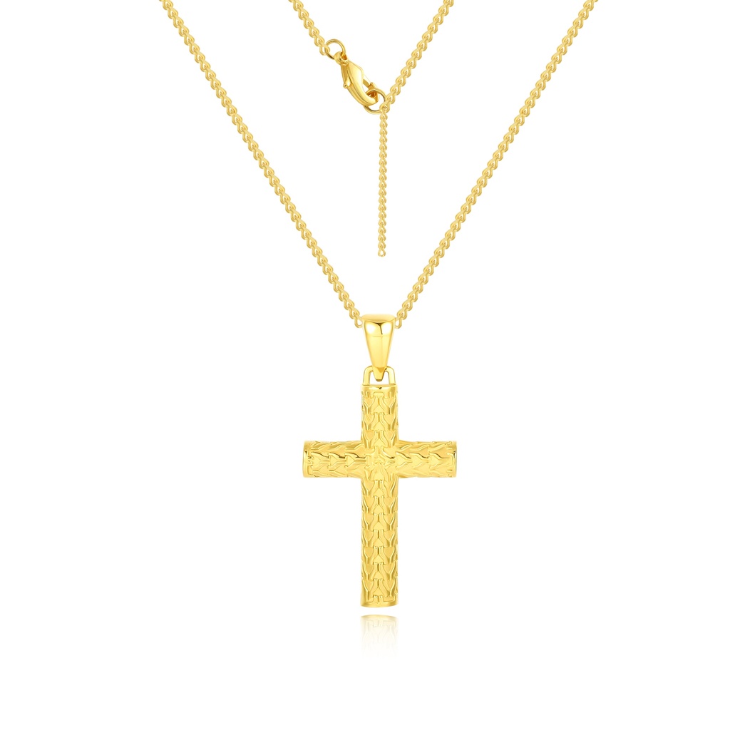Gold Stainless Steel Cross Pendant Necklace with Textured Design