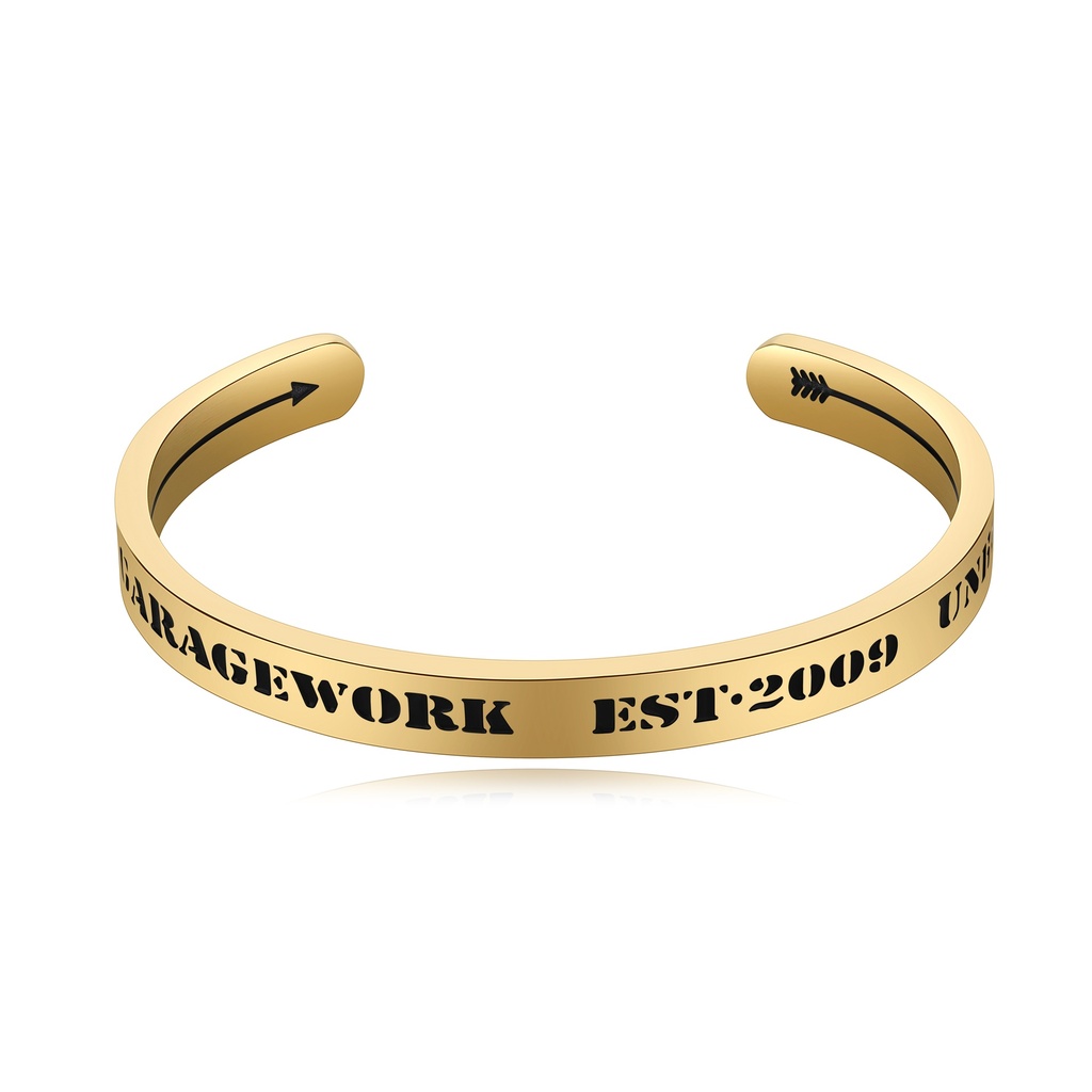 Gold Stainless Steel Cuff Bracelet with Engraved Urban Text