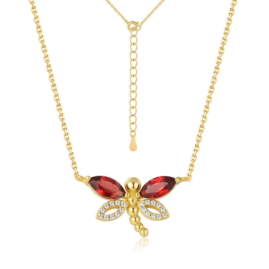 Gold Stainless Steel Dragonfly Necklace with Red Crystal Wings