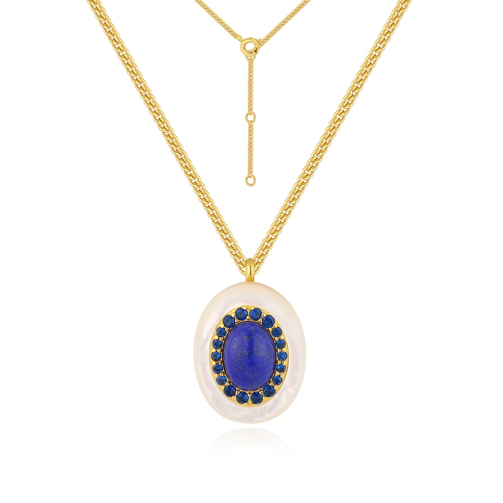 [JY18N0157] Blue Lapis Surrounded by Crystals on White Oval Pendant