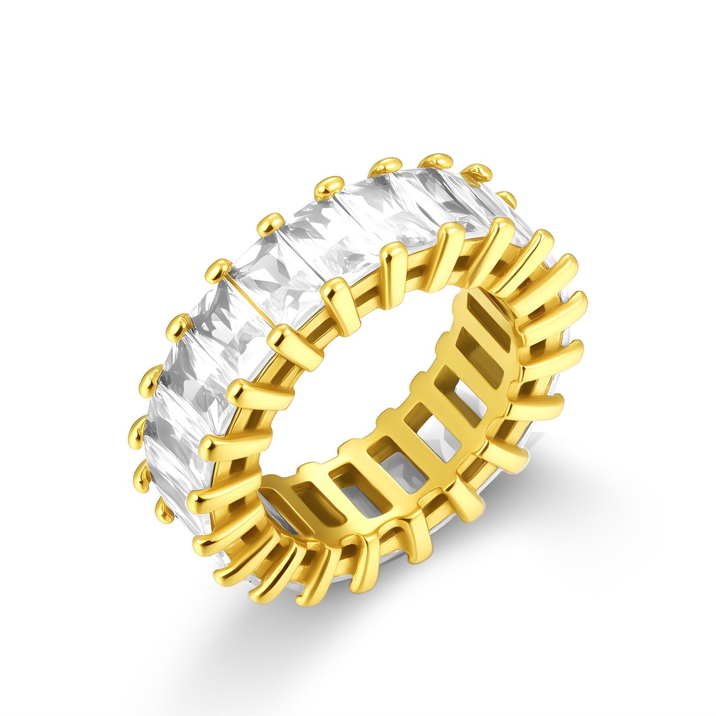 Gold Stainless Steel Eternity Ring with Square-Cut Crystal Stones