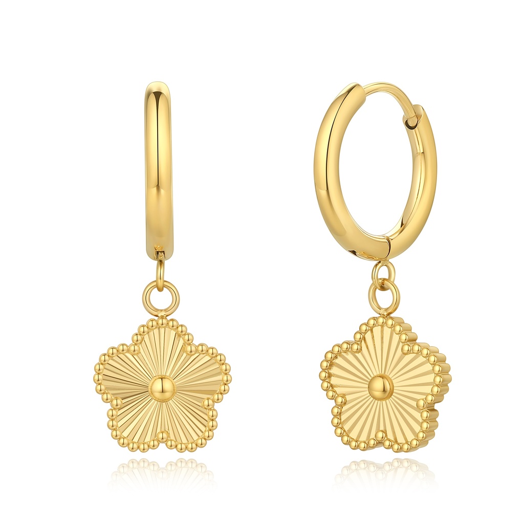 Gold Stainless Steel Floral Hoop Earrings with Textured Petal Charm