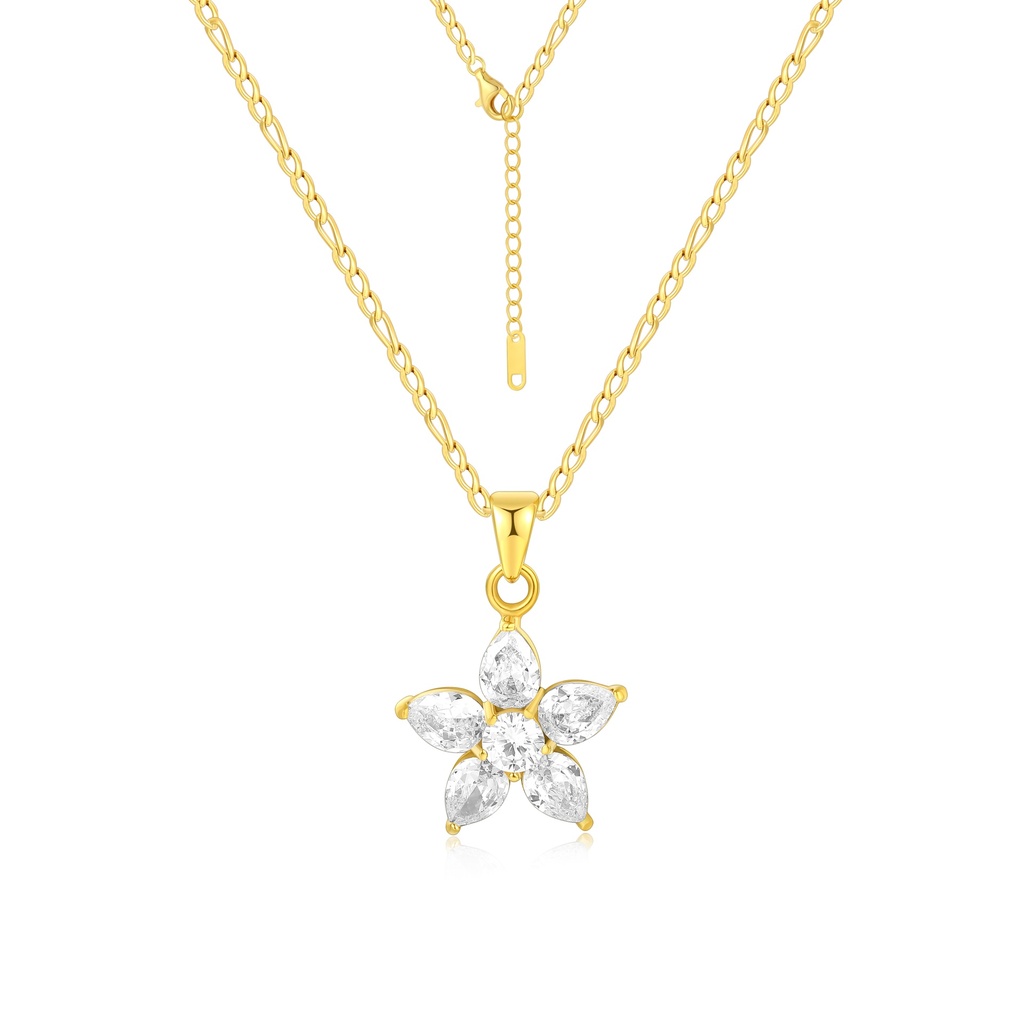 Gold Stainless Steel Floral Necklace with Sparkling Crystal Petal Charms