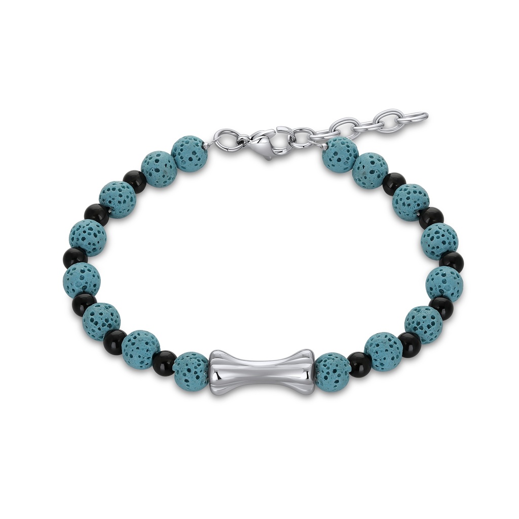 [DJ02B0008] Blue Lava Stone and Onyx Beaded Bracelet with Curved Stainless Steel Centerpiece