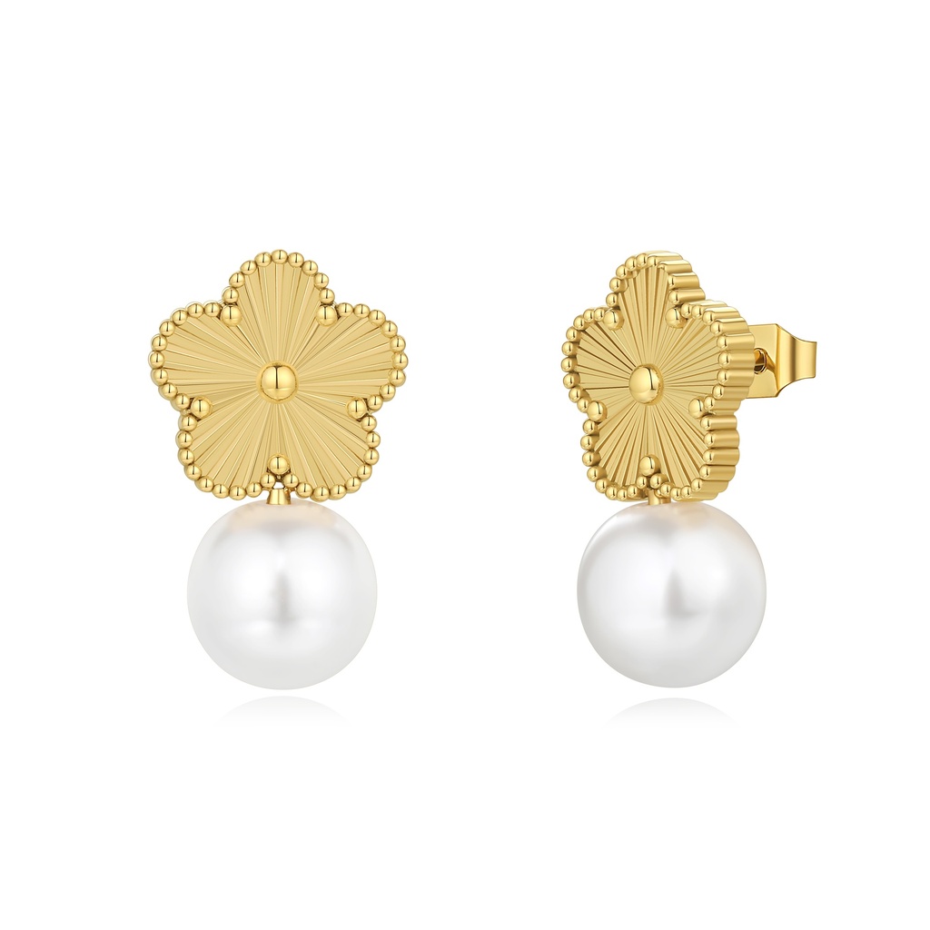 Gold Stainless Steel Floral Pearl Stud Earrings Elegant Vintage Design
