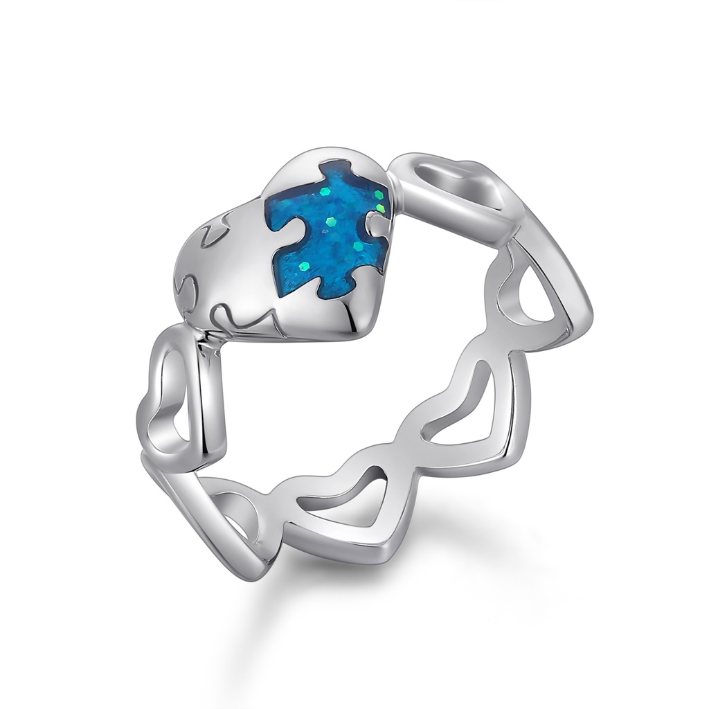 [PD02R0123] Blue Puzzle Heart Open Band Sterling Finish Brass Ring