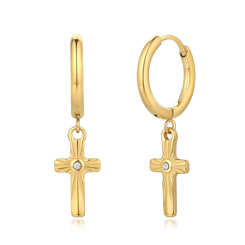 Gold Stainless Steel Hoop Earrings with Crystal Cross Charms