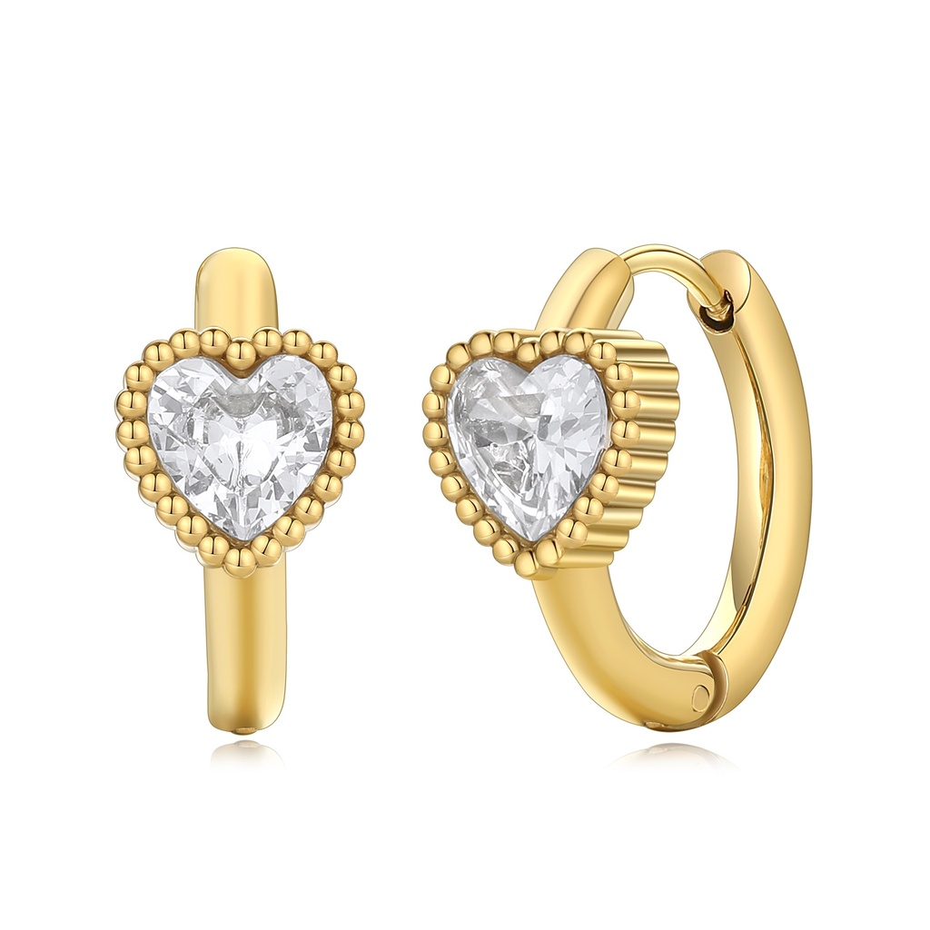 Gold Stainless Steel Hoop Earrings with Crystal Heart Charm